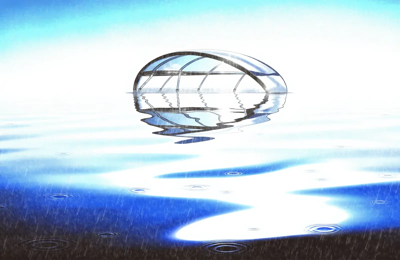 Moonlit rain making delicate rings across blue water beside a glass pavilion.