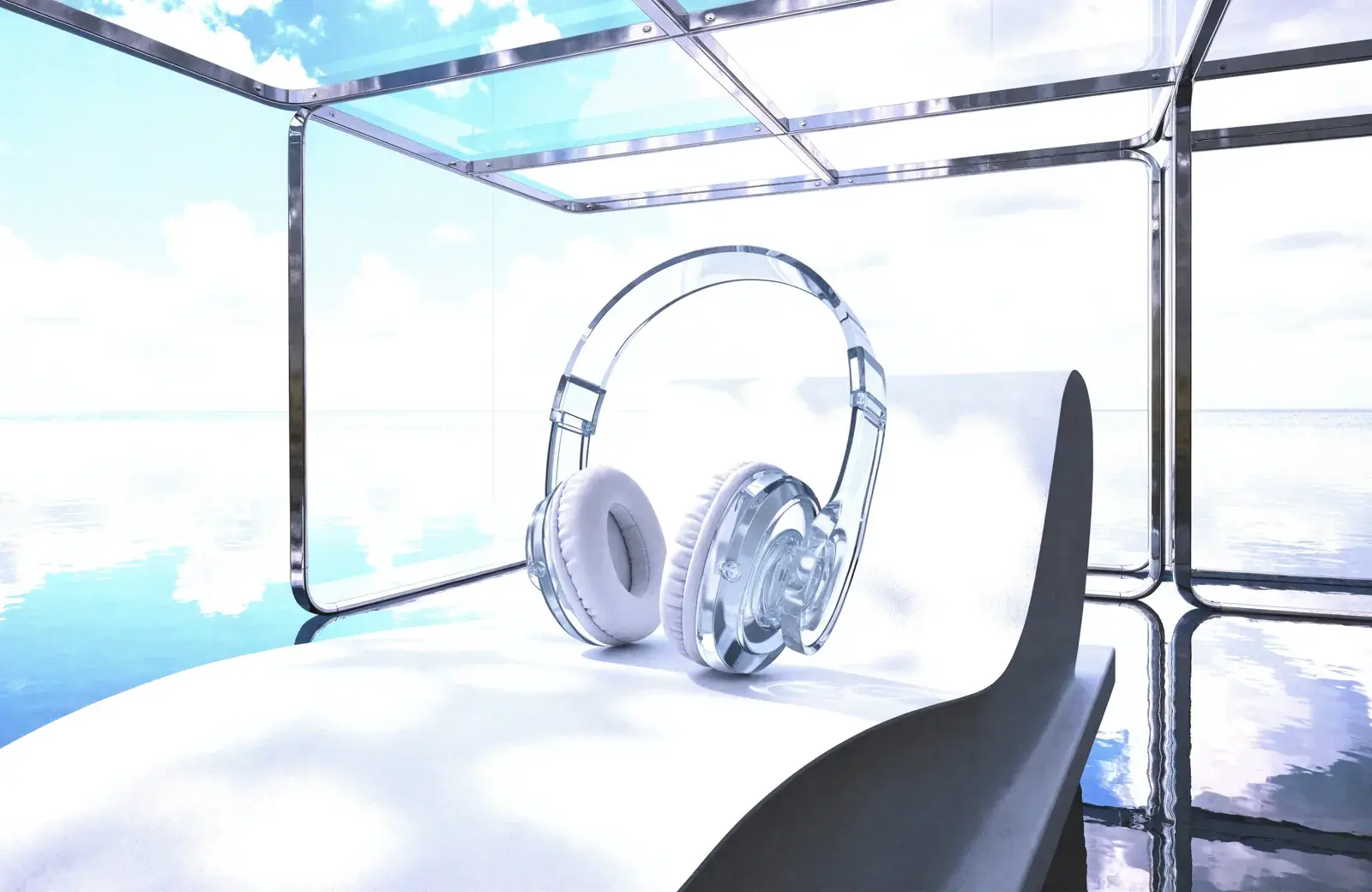 Clear headphones resting on a white lounge chair in an open glass pavilion.