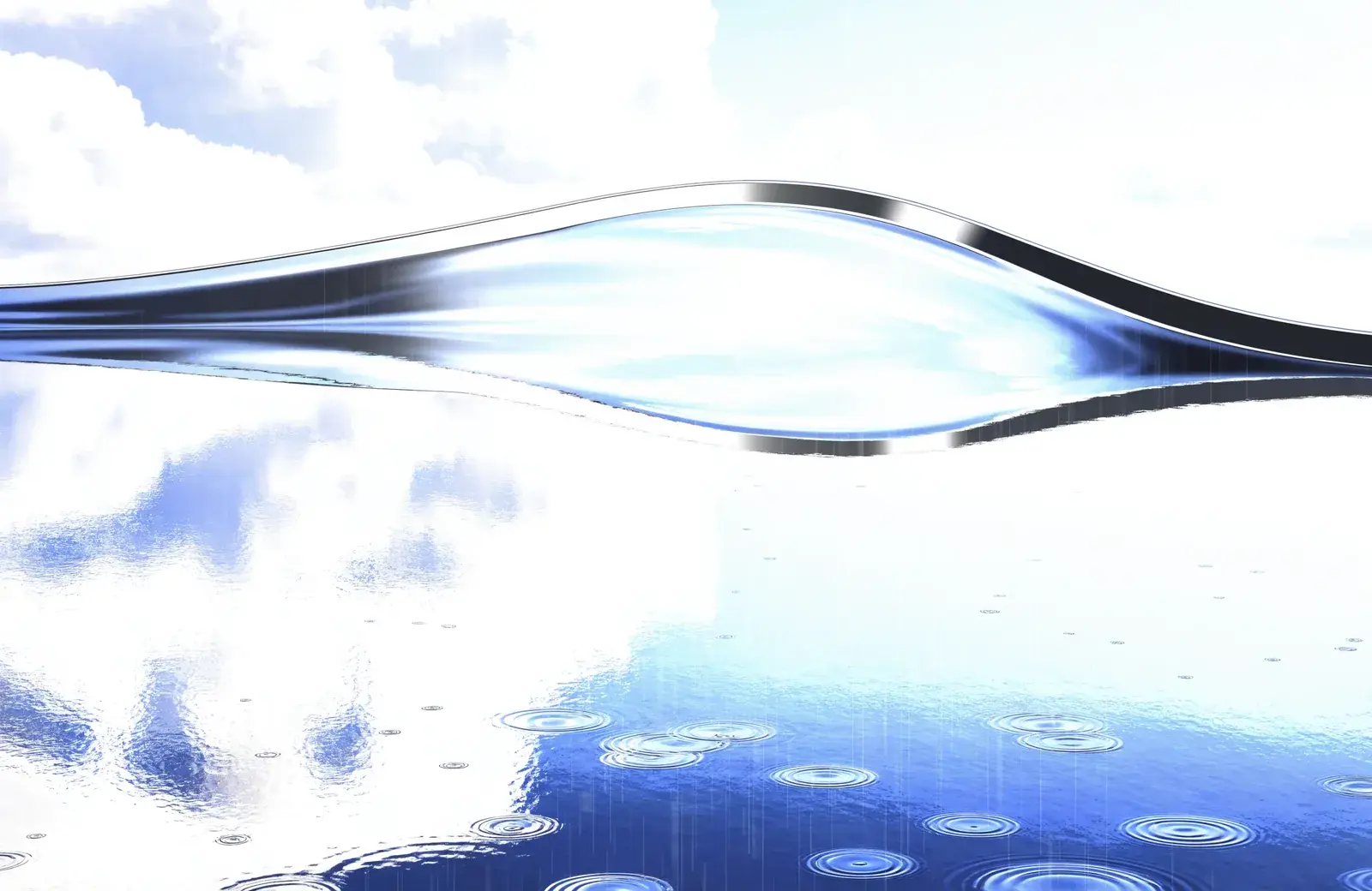Fine rain and circular ripples around a clear wave sculpture in a blue pool.