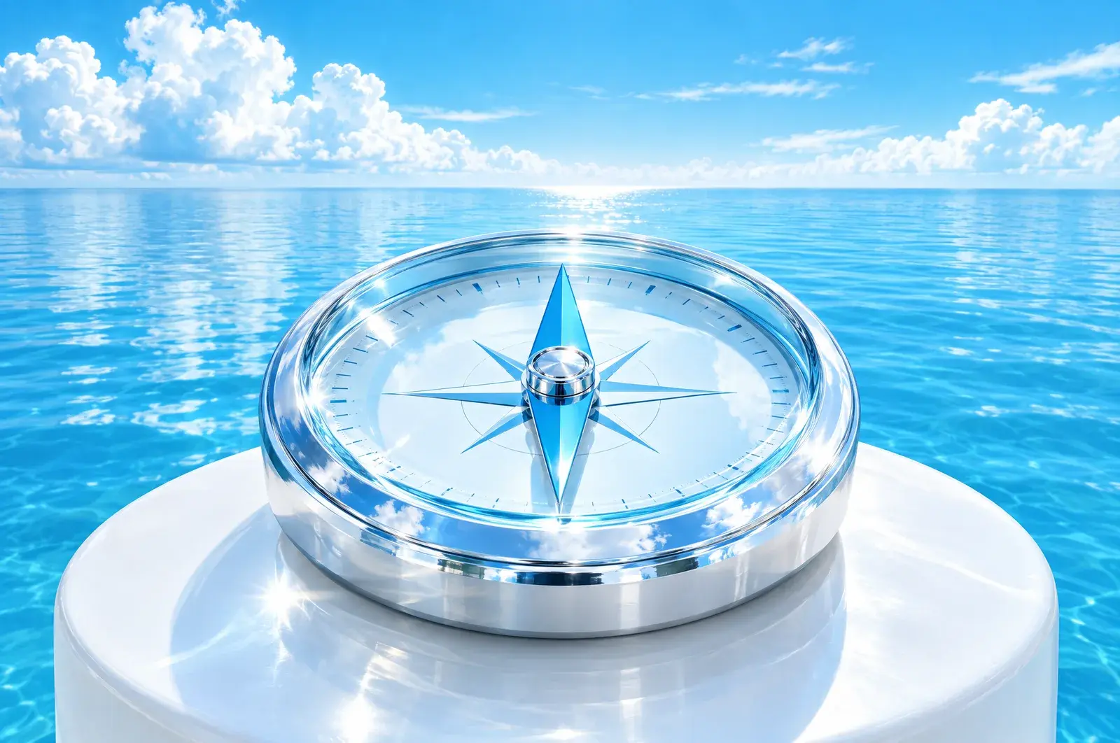 A polished chrome and glass compass with a bright blue needle on a white platform above blue water, pointing toward the open horizon.