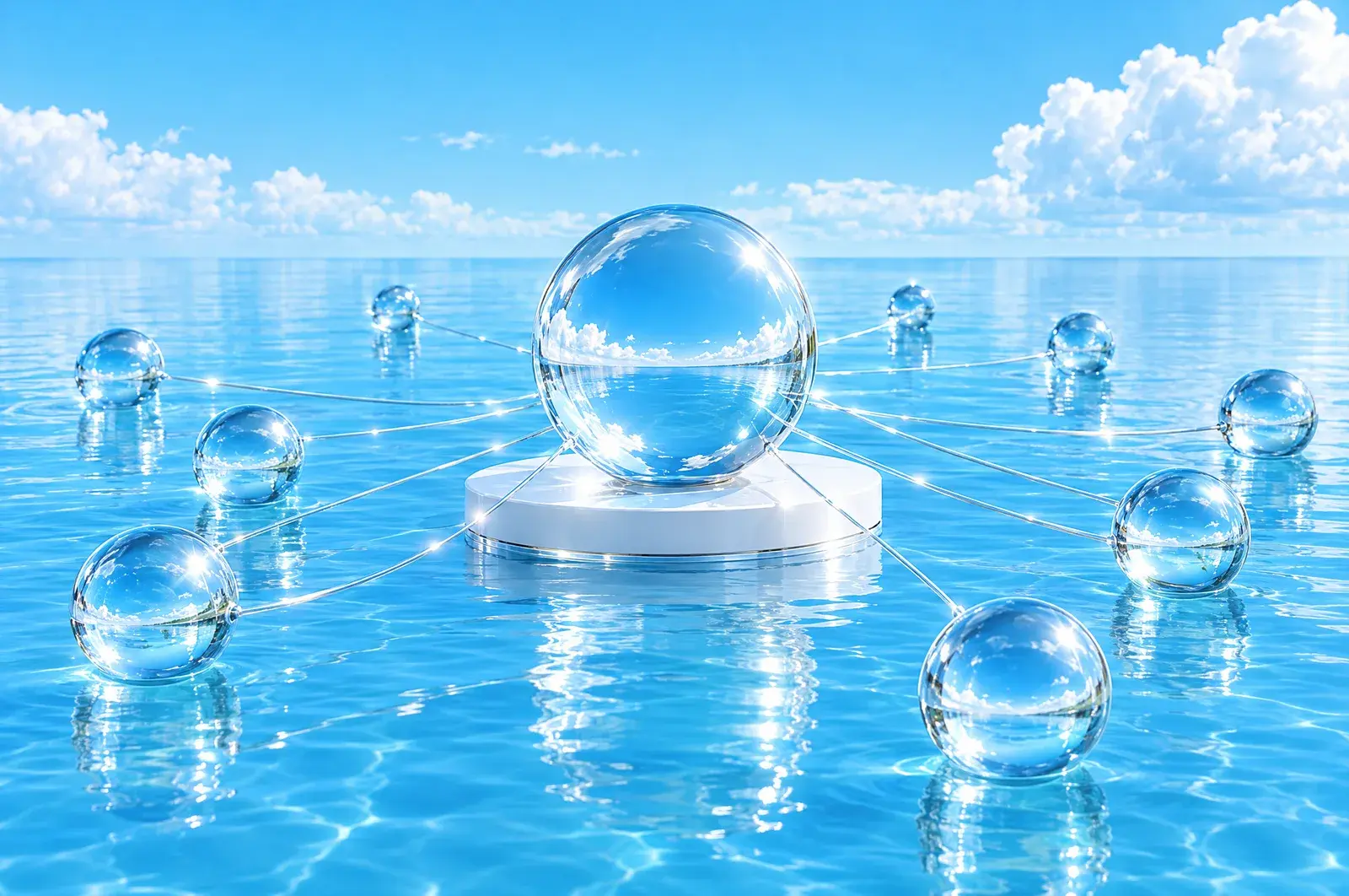 One large clear glass sphere on a white platform over blue water with thin silver threads stretching outward to many small glass spheres.
