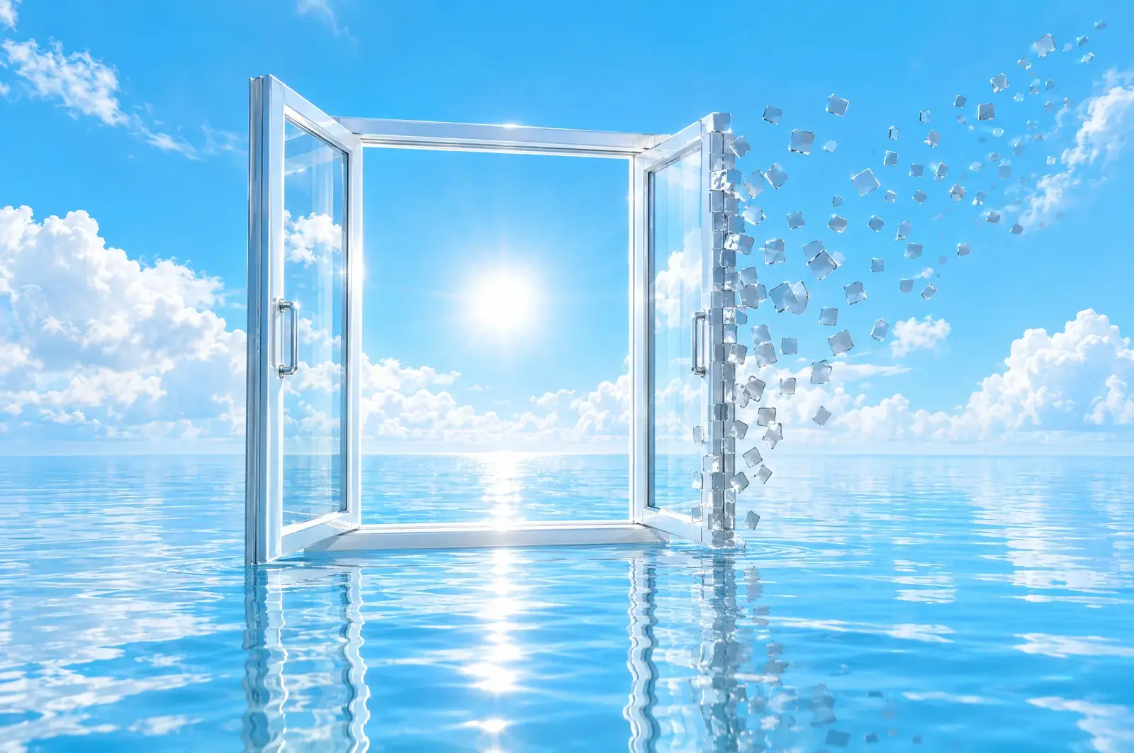 A single open white glass window frame standing on calm blue water, framing a brilliant clear horizon and sun, while a stream of small dim grey glass tiles drifts away to one side and dissolves.