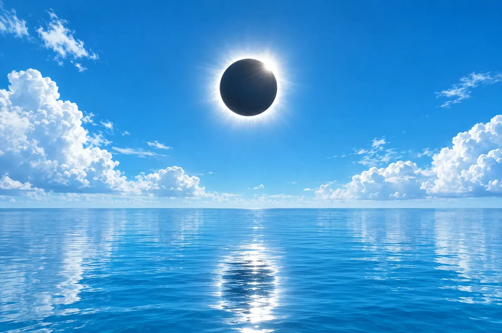 A total solar eclipse in a deep blue daytime sky above a calm sea, a dark disc with a bright white corona and a small diamond-ring glint.