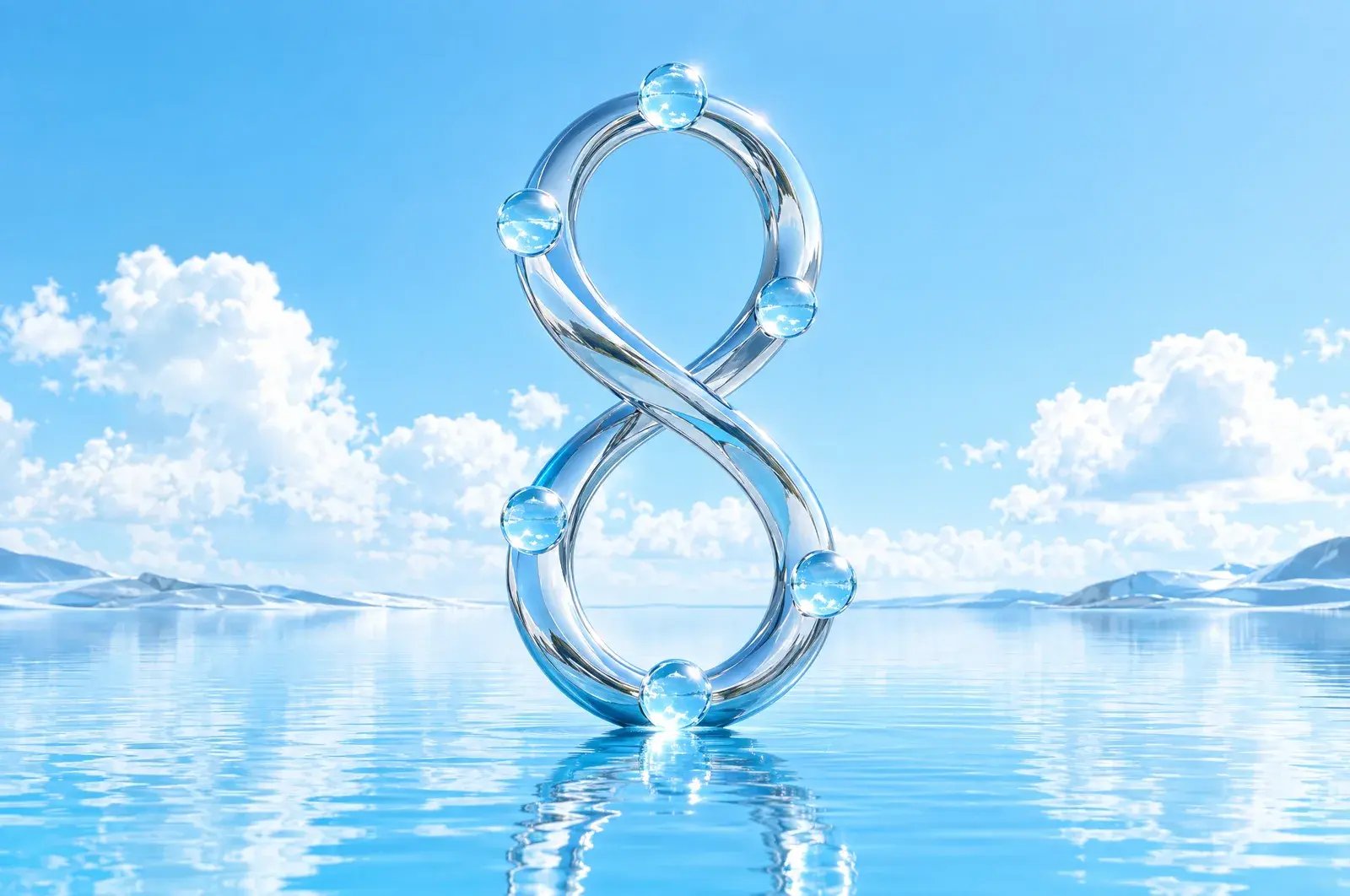 A tall chrome figure-eight loop standing upright above calm blue water like a sculpture, with small bright glass sun discs placed along its curve.
