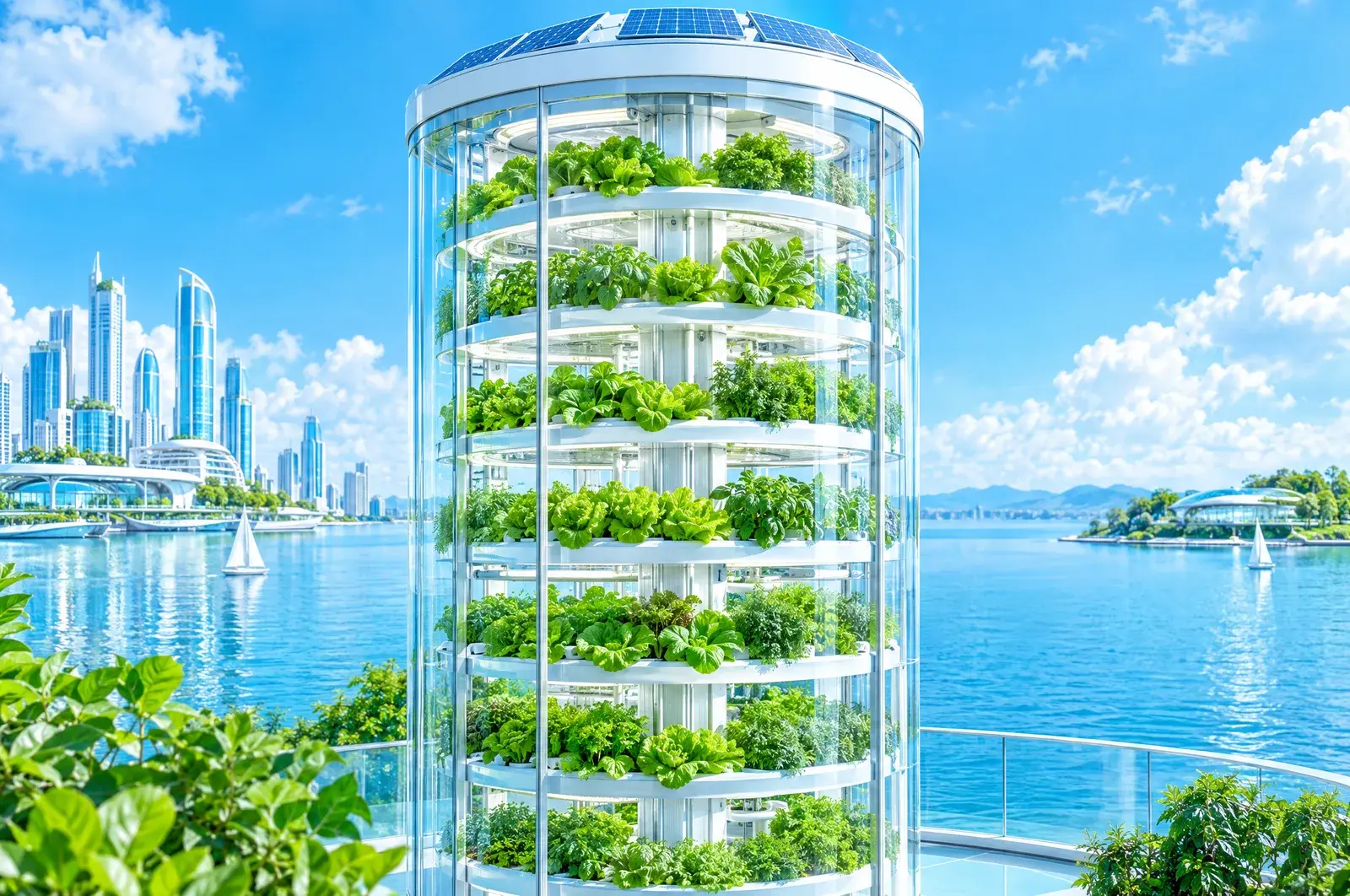 A tall cylindrical white and glass vertical farm tower filled with rows of bright green lettuce and herbs on curved shelves, beside a blue waterfront under a clear sky.