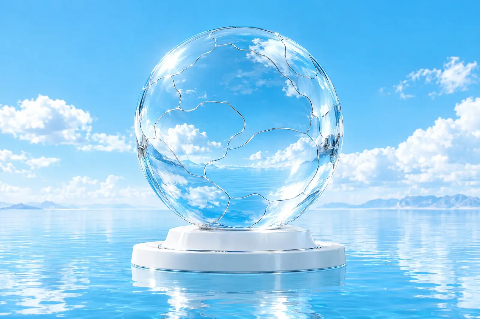 A large clear glass celestial globe on a white pedestal over calm blue water, its surface scored with faint irregular hairline boundary lines dividing it into uneven regions.