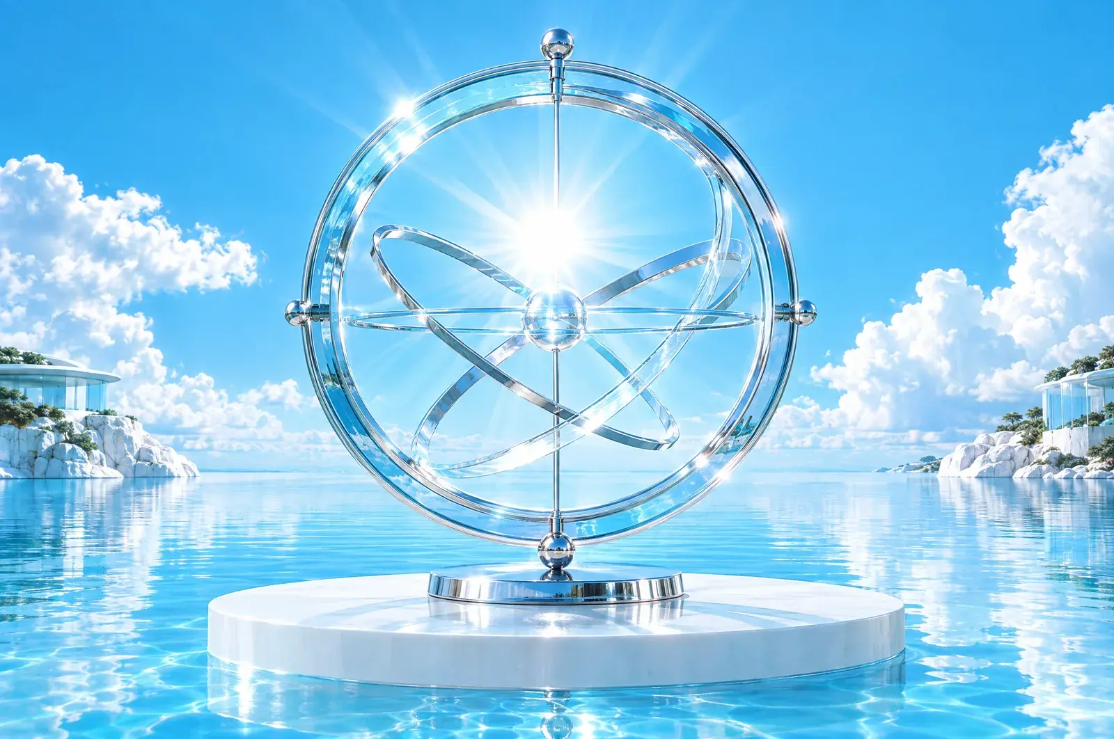 A chrome and glass ring standing upright over blue water, framing a brilliant white sun in a clear sky through its centre.