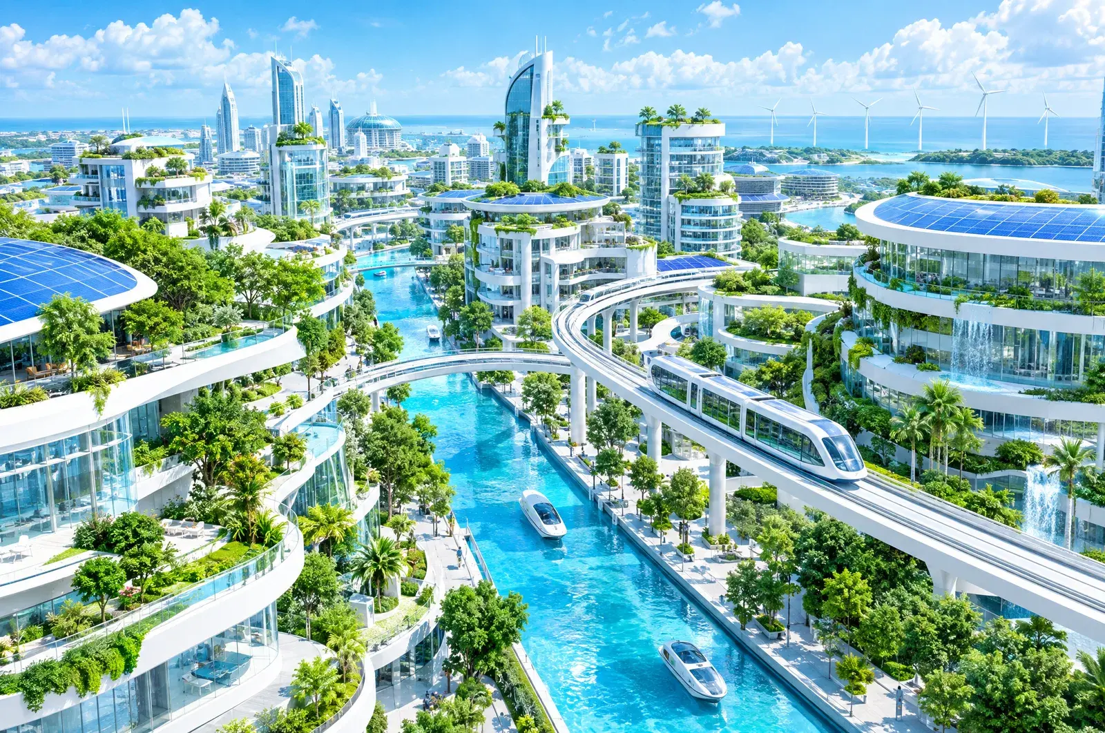 An aerial view of a bright white terraced city of glass and curved buildings covered in gardens and solar roofs, with canals of blue water, a silent tram on an elevated line and wind turbines on the horizon.