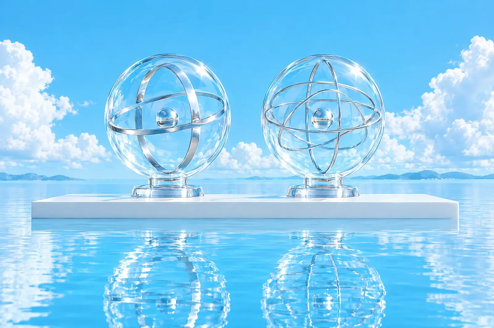 Two clear glass armillary spheres standing side by side on a long white platform over blue water, one with three smooth rings and the other with five finer rings.