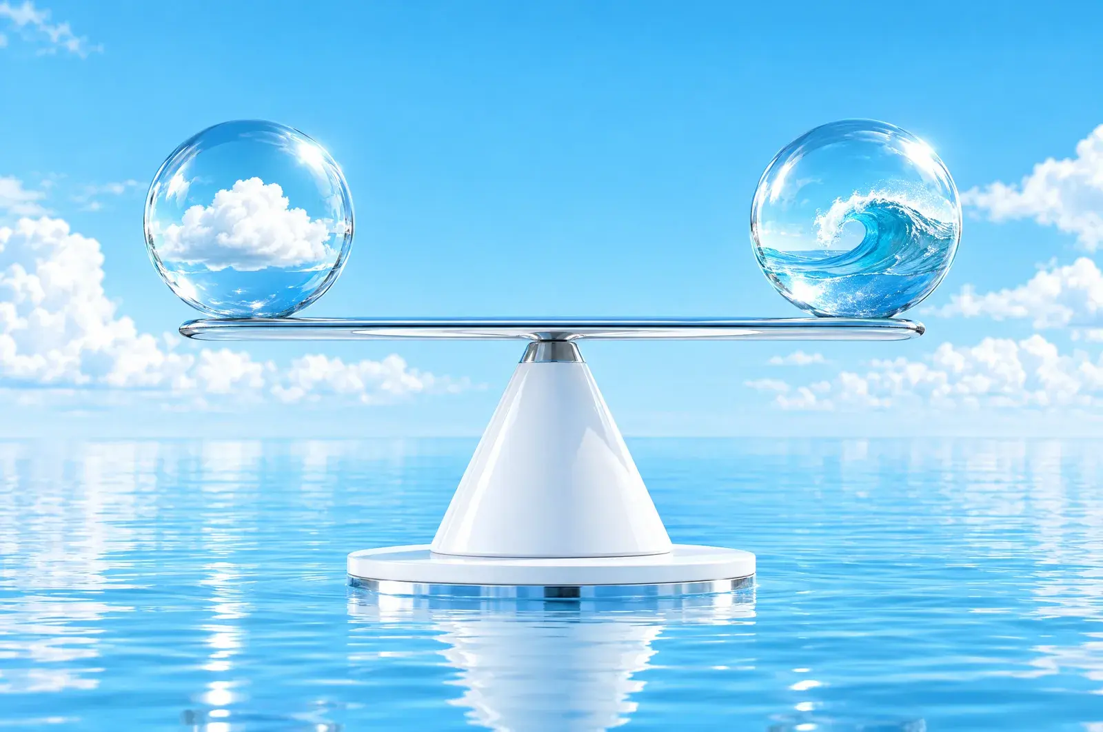 A level chrome balance beam on a white pedestal over calm blue water, with one glass sphere holding a small cloud and the other holding a small wave.