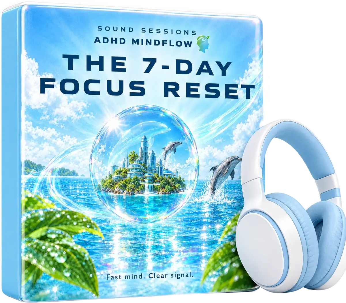 The 7-Day Focus Reset: a boxed set of sound sessions with white and blue headphones