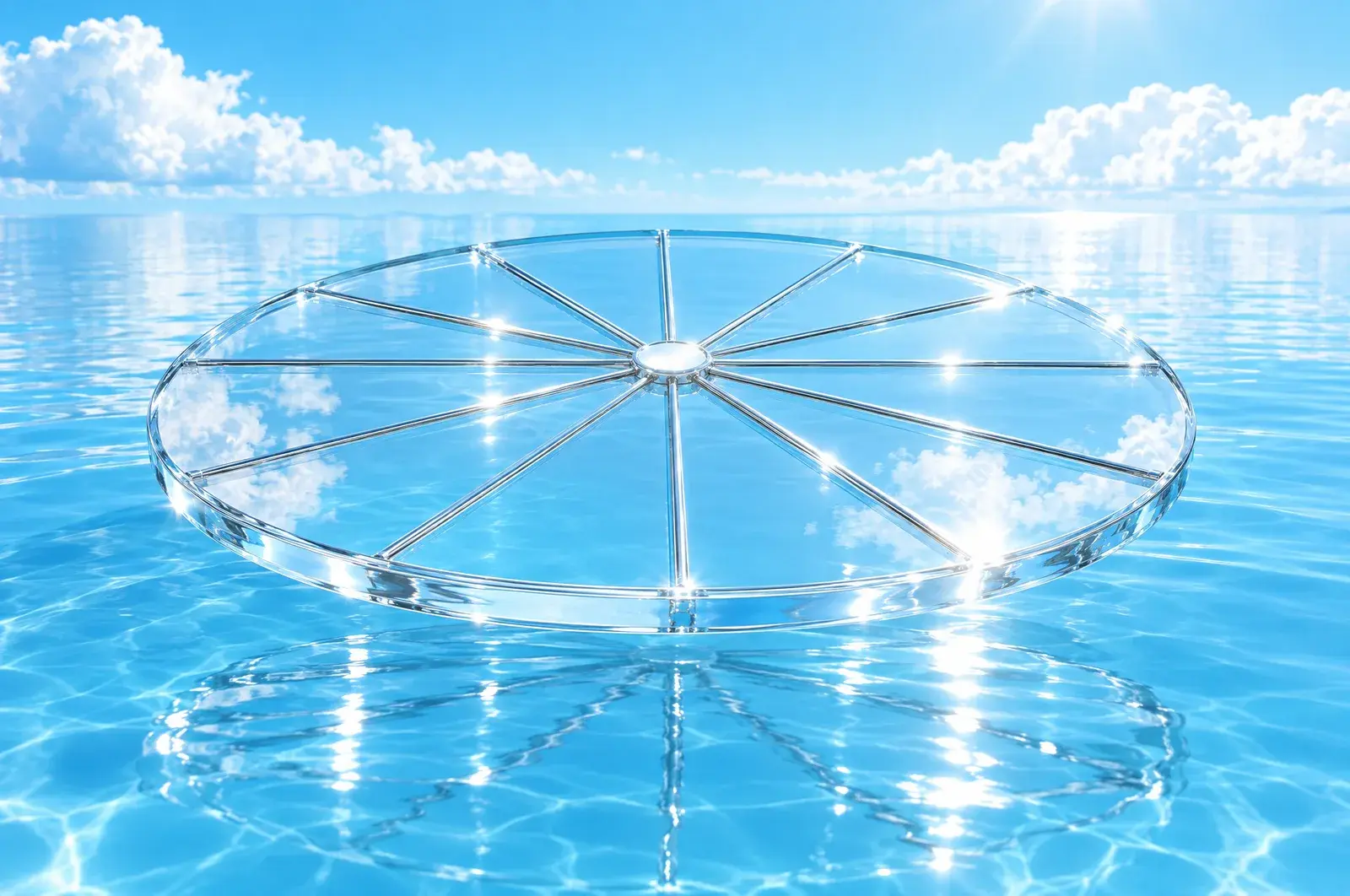 A flat clear glass disc floating above blue water, divided by thirteen thin chrome spokes radiating from a small bright centre.
