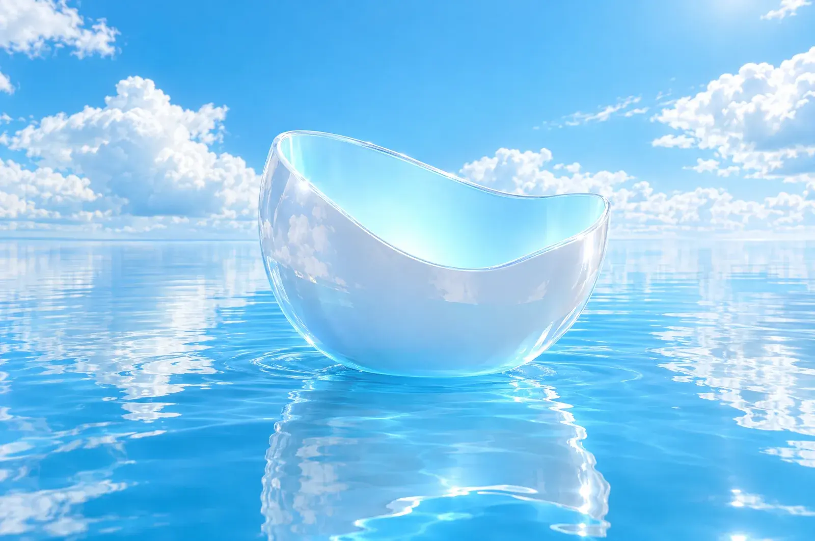 A smooth, featureless white glass half-shell floating on calm blue water with soft ice-blue light glowing inside it.